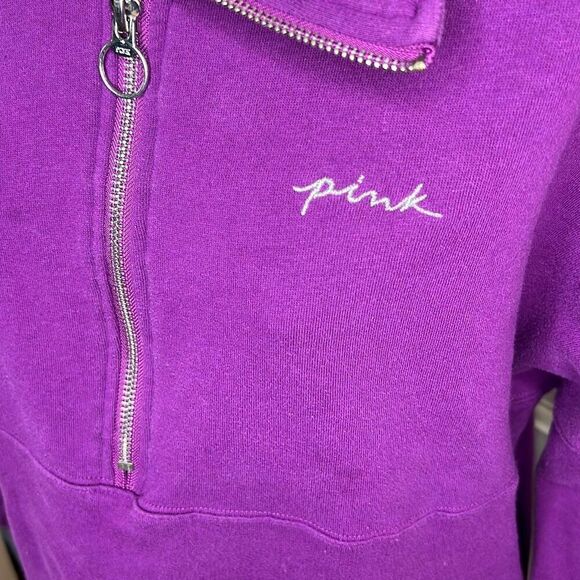 PINK Victoria's Secret Quarter Zip Purple Sweatshirt With Shine/Glitter Logo Med - Picture 3 of 7